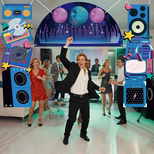 Vista 2 de Telón de fondo de discoteca para decoración de fiesta de cumpleaños, regreso a los años 80, 90, retro, para porche, radio, boombox, cabina de fotos
