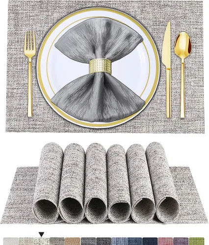 Vista 17 de BETEAM Juego de 4 manteles individuales de vinilo tejido para mesa de comedor, lavables, lavables, manteles individuales de cocina, duraderos