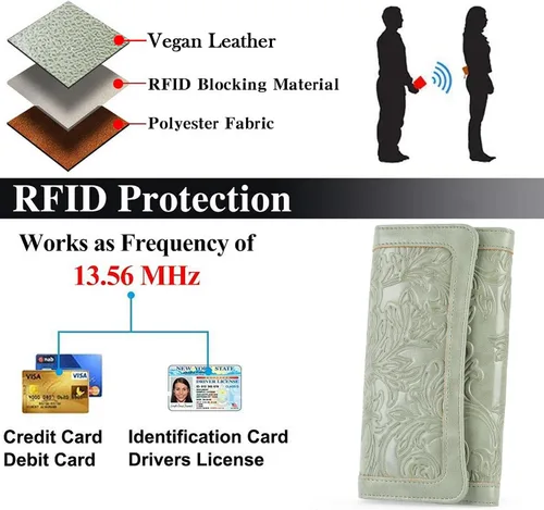 Vista 60 de MEITRUE Cartera de cuero para mujer, con bloqueo RFID, triple pliegue, con relieve, soporte para tarjetas, organizador de chequera para teléfono