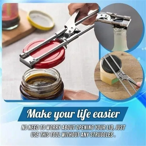 Vista 2 de Abrelatas de acero inoxidable ajustable para manos débiles, abridor de latas de acero inoxidable ajustable, abridor de tapas herméticas, accesorios