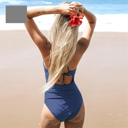 Vista 3 de TRENIS Traje de baño de una sola pieza negro sólido con cordones en la espalda de las mujeres sexy recortado monokini traje de baño niñas playa