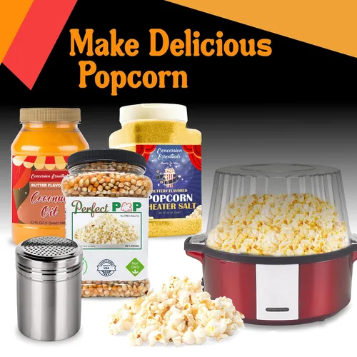 Vista 3 de Concession Essentials Paquete de noche de película: 1 unidad de cada artículo, aceite de coco mantecoso de 32 onzas, sal de palomitas de maíz de 32