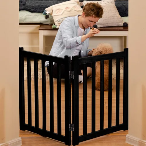 Vista 6 de LZRS Puerta para perros de madera independiente plegable de 2 paneles para interiores – Madera dura sólida de 24" de alto, puerta de seguridad
