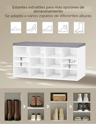 Vista 8 de DINZI LVJ Banco de almacenamiento de zapatos con cojín, zapatero con 12 cubículos, estantes ajustables, banco organizador de zapatos multifuncional