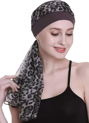 Vista 6 de Elegante gorro de quimioterapia con bufandas sedosas para mujeres con cáncer para pérdida de cabello