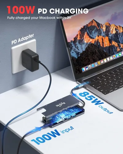 Vista 5 de ikling Hub USB C, adaptador USB C 9 en 1 con 4K USB C a HDMI, VGA, Gigabit Ethernet, 100 W PD, 2 USB-A 5 Gbps, lector de tarjetas MicroSD/SD, base