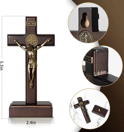 Vista 3 de KUXBET Cruz de Madera de Pie de 5 Pulgadas Crucifijo Pequeño - Cruz Crucifijo de Jesucristo para Colgar en la Pared para Mesa o Pared Decoración