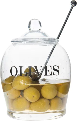 Vista 9 de Creative Co-Op Tarro de cristal transparente "OLIVE" con tapa y cuchara ranurada de acero inoxidable (juego de 3 piezas, incluye tapa)