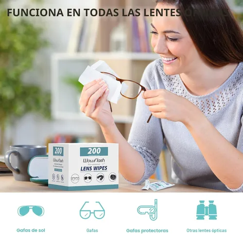 Vista 2 de 200 unidades de toallitas para lentes de gafas, toallitas limpiadoras de lentes de gafas prehumedecidas envueltas individualmente libres de rayones