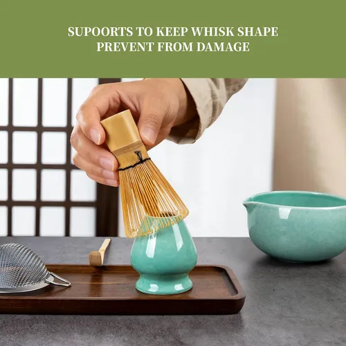 Vista 5 de YIBO Matcha Whisk Set, Matcha Kit Bamboo Whisk and Ceramic Bowl with Spout & Measuring Spoon & Cup, Japanese Ceremony Matcha Tea Making Tools Blue