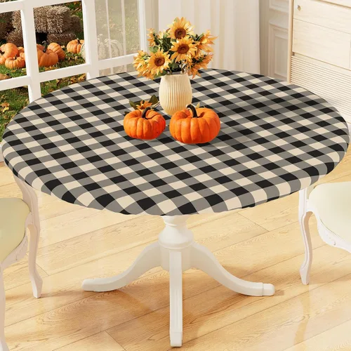 Vista 14 de misaya Mantel redondo ajustable con borde elástico, mantel de vinilo impermeable a cuadros de búfalo con parte trasera de franela para mesas Cuadros