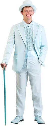 Vista 2 de Disfraz de esmoquin azul para adultos, esmoquin azul polvo para hombres, camisa, pantalones, chaqueta, disfraz de Halloween, Azul