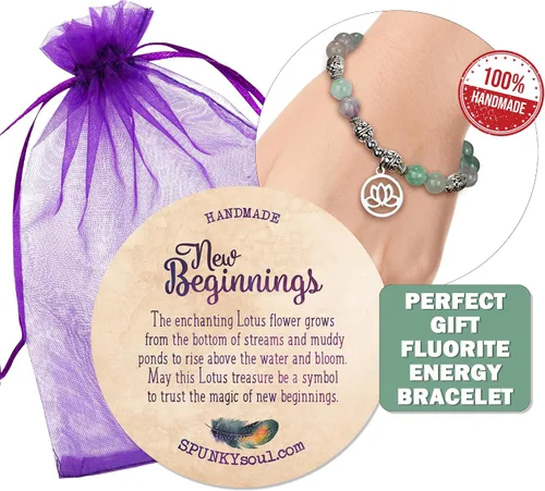 Vista 2 de SPUNKYsoul Pulsera de cuentas de energía curativa de fluorita de cristal de loto para mujer, acero inoxidable y aleación, Cristal, fluorita