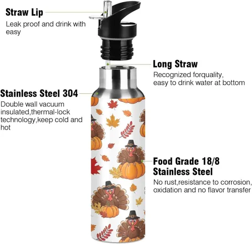 Vista 3 de BPA-Free Sport Water Bottle Insulated 20 Oz, Stainless Steel Vacuum Insulated Water Bottle for Gym Outdoor Travel School, Cartoon Turkeys Hats