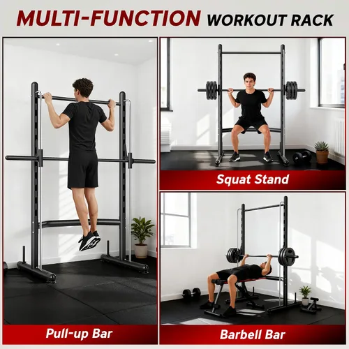 Vista 3 de Soozier Squat Rack with Pull-Up Bar, Adjustable Power Rack with Barbell Bar, Multi-Functional Steel Bench Press Rack for Home Gym Strength Training