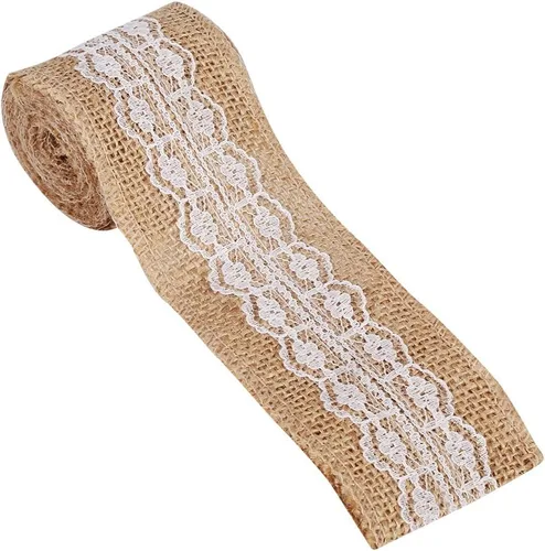 Vista 6 de Rollo de cinta de yute natural con encaje blanco para boda, fiesta, evento, decoración del hogar (tamaño: #6)