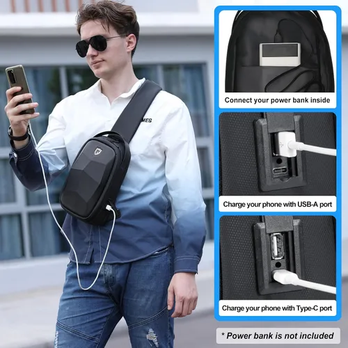 Vista 6 de FENRUIEN Bolsa rígida para hombre, mochila cruzada resistente al agua con puerto USB, bolsa de pecho negra para viajesuso diario, Negro -, Mochilas