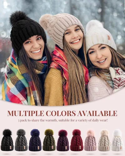 Vista 6 de 3 gorros para mujer con pompón, gorro de punto para mujer invierno y otoño, sombreros de invierno cálidos de moda para mujer