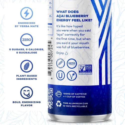 Vista 4 de Yerbae - Agua espumosa mejorada (12 unidades) Energy Yerba Mate 340 ml, lata