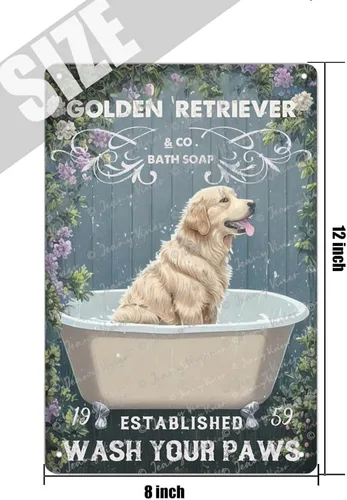 Vista 5 de Zomyto Letrero de lata con texto en inglés "Wash Your Paws Golden Retriever", decoración de baño, perro, bañera, bañera, estilo retro, decoración