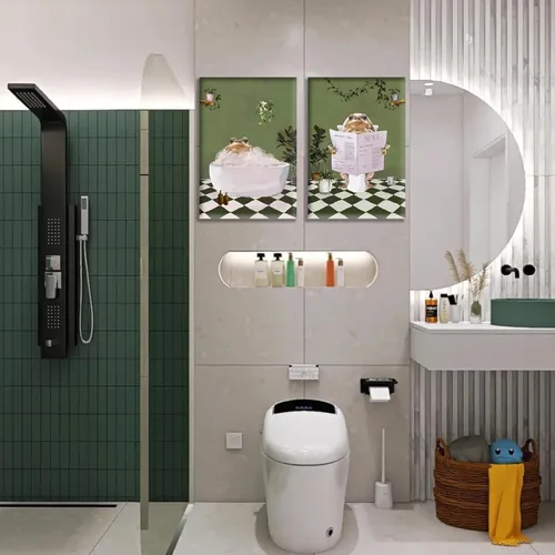 Vista 4 de 2 piezas de arte de pared de rana de baño, creatividad, estética, maximalista, verde, pósteres de imágenes de rana en la bañera, pintura en lienzo