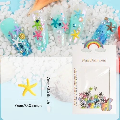 Vista 7 de Abalorios de uñas de estrella de mar de playa de verano, tachuelas de uñas, aleación multicolor, estrellas de mar, calcomanías de metal para arte