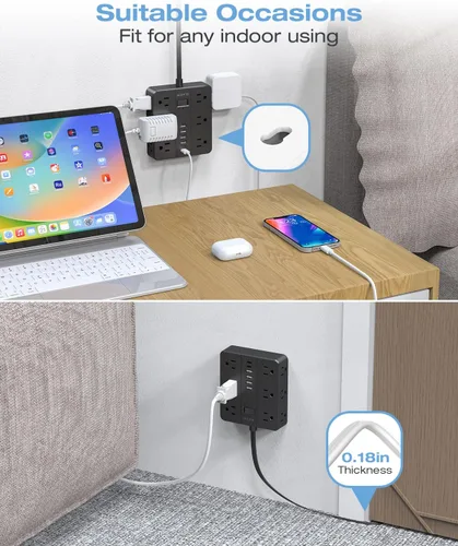 Vista 4 de Regleta de Enchufe Plano, AOFO Cable de Extensión de 5 Pies con 12 Tomacorrientes y 6 Puertos USB (4 USB-A, 2 USB-C), Protector contra