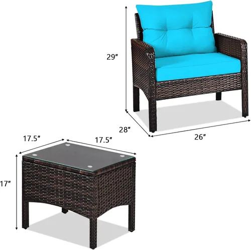 Vista 6 de KOTEK - Juego de muebles de patio de 3 piezas con cojines, turquesa