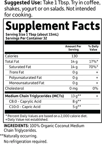 Vista 6 de Garden of Life Dr. Formulated Brain Health Aceite MCT de Coco 100% Orgánico 16 fl oz Sin Sabor, 13g MCTs, Combustible para Cuerpo y Cerebro