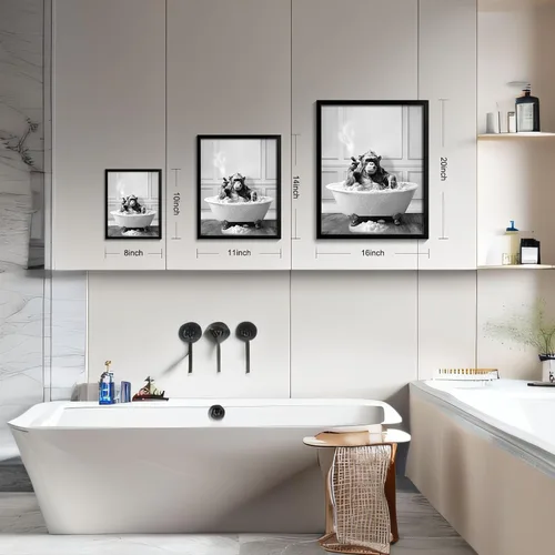 Vista 4 de Arte de pared enmarcado para decoración de baño, chimpancé en la bañera, arte de pared en blanco y negro, divertidos letreros de decoración de pared