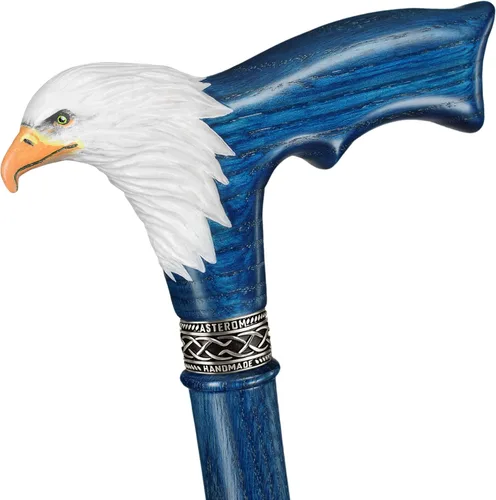 Vista 2 de Asterom Bastón de madera tallada pintada a mano para hombre, águila calva, bastón de madera único, elegante bastón