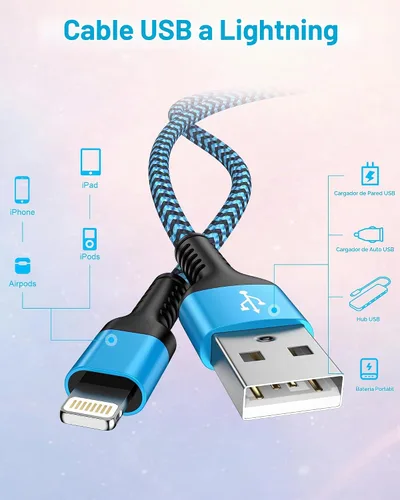 Vista 5 de Cable cargador para iPhone 14 13 12 11 Pro Max XS XR X SE, iPad