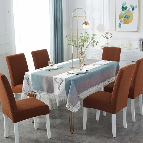 Vista 3 de Mantel rectangular de algodón y lino a prueba de polvo, lavable, resistente a las arrugas, juego de funda de silla elástica para la cocina, comedor
