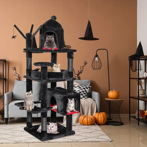 Vista 5 de BEWISHOME Árbol para gatos resistente, 63 pulgadas, árboles para gatos grandes, torre gótica para gatos con cama de ataúd, casas para gatos