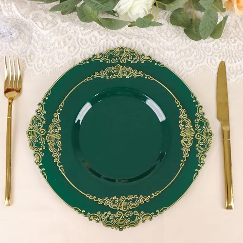 Vista 10 de Paquete de 10 platos redondos de plástico barroco dorado de 8 pulgadas para ensalada de postre, vajilla desechable con borde dorado en relieve
