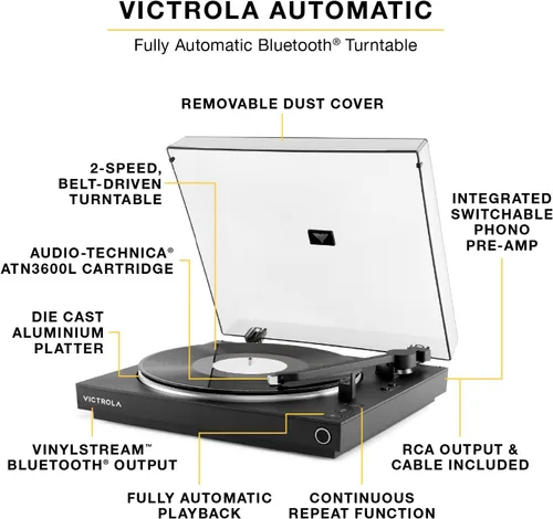 Vista 2 de Victrola - Tocadiscos Bluetooth completamente automático con cartucho Audio Technica ATN3600L y Victrola Tempo – Parlantes de estantería Bluetooth