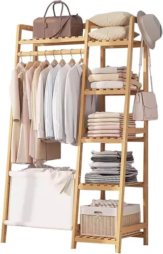 Vista 11 de Bamboo Coat Rack with Storage Rack,Freestanding Clothes Rack with Storage Bag,Wood Closet Shelf with Hanging Rod,Clothes Storage Organizer