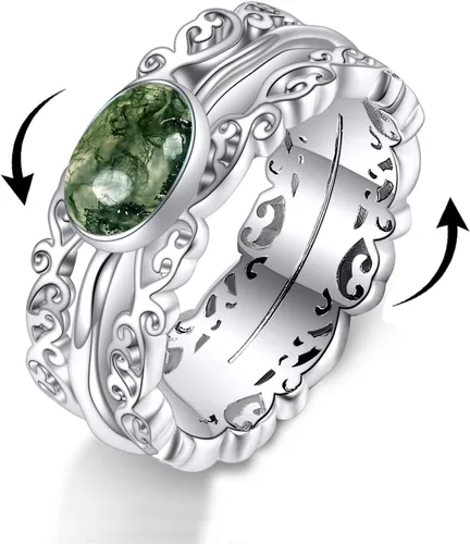 Vista 42 de VONALA Anillos giratorios de plata esterlina 925 con diseño de filigrana y girasol, cruz, piedra lunar, ágata musgo, anillos giratorios