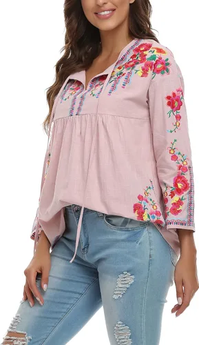 Vista 9 de YZXDORWJ Camisa bordada mexicana para mujer