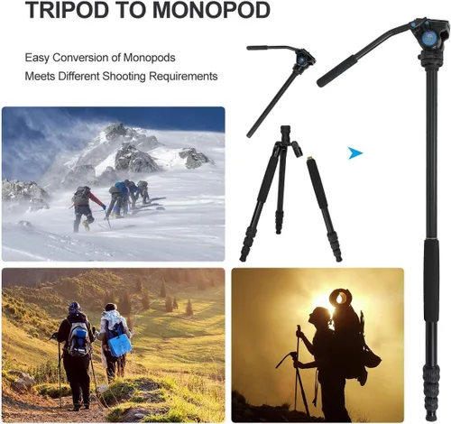 Vista 3 de Sirui Trípode de cámara de aluminio con monopié y cabeza de panorámica fluida VA-5, kit de trípode resistente de 160 cm para cámara DSLR