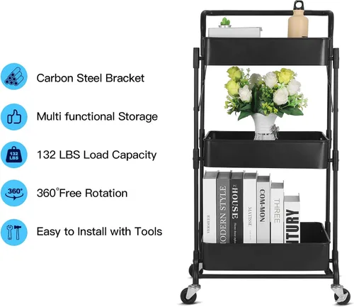 Vista 3 de Carrito plegable de metal de 3 niveles, carrito organizador plegable de almacenamiento multifunción para oficina en casa y biblioteca (negro)