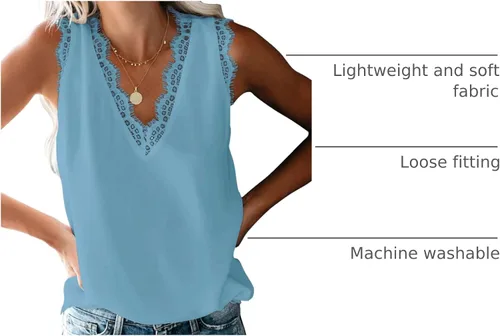 Vista 117 de VIISHOW - Camiseta sin mangas, sexy, con cuello en V y bordes de encaje para mujer, camisola de vestir, camisas de gasa, sin mangas, casuales