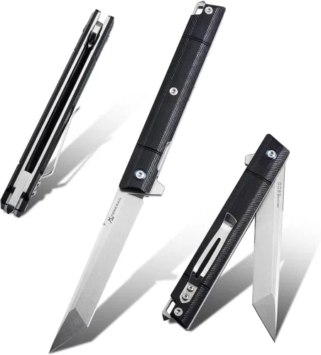 Vista 14 de Cuchillo plegable de bolsillo FORESAIL, hoja de acero DC53 y mango G10. Con clip de bolsillo y rompecristales, cuchillo de bolsillo para hombres