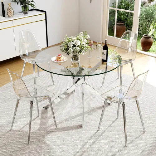 Vista 8 de Juego de mesa de comedor de cristal redondo transparente para 4, juego de mesa de cocina circular de 5 piezas, juego de mesa de comedor circular