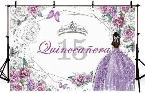 Vista 4 de SENDY Telón de fondo de quinceañera de 10 x 7 pies para decoración de fiesta de cumpleaños de 15 años para niña dulce Mis membrillo púrpura plata