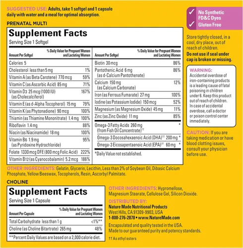 Vista 7 de Nature Made Cápsulas blandas prenatales de vitaminas + cápsulas de colina, ácido fólico + DHA + colina, 60 vitaminas prenatales para mujeres, 60