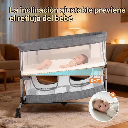 Vista 5 de Moisés para bebé, cuna mecedora 3 en 1, moisés de noche para bebé con mosquitera, lados de malla completa, 5 alturas ajustables, cuna estable