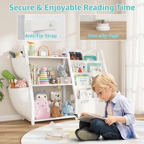 Vista 3 de Estantería para niños y almacenamiento de juguetes, organizador de juguetes con estante para libros de 3 niveles, estantería pequeña con eslinga