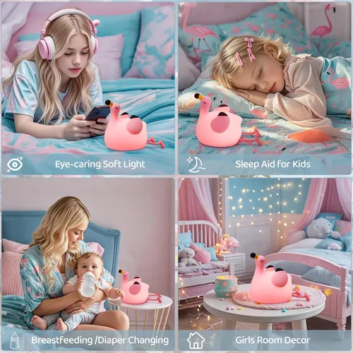 Vista 6 de FAMIDUO Luz Nocturna de Flamenco para Niños, Regalo Rosa de Flamenco, Lámpara de Animal de Silicona LED Apretujable, Luz Nocturna de Guardería