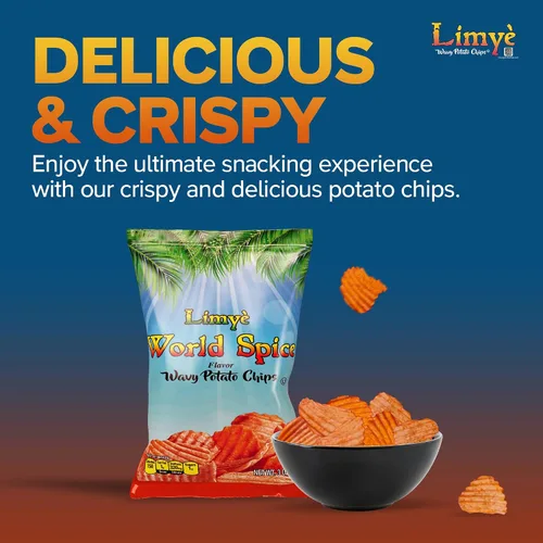 Vista 2 de Limyé Papas fritas, sabor a especias mundiales, certificado Kosher, sin alérgenos, sin OMG, sin gluten, papas fritas veganas, 3 onzas (4P)